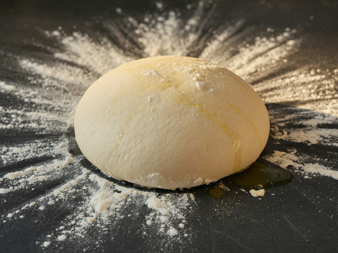 Cold-fermented dough ball on a floured counter